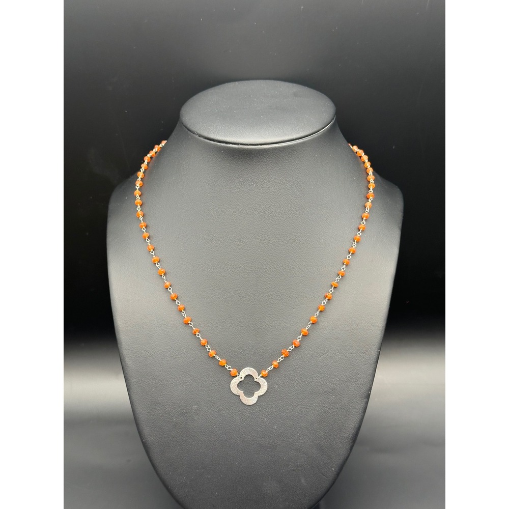 Carnelian Gemstone Beaded Clover Necklace Sterling Silver .925
